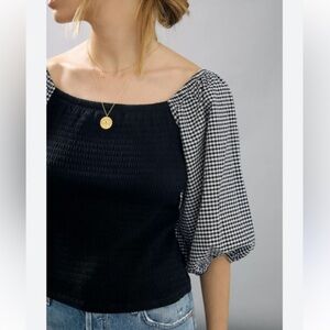 Anthropologie Black and White Gingham Smocked Top